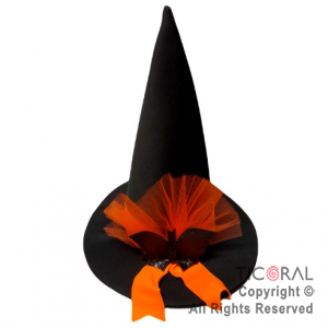 SOMBRERO BRUJA HALLOWEEN NEGRO CON APLIQUE NARANJA FLUO x 1